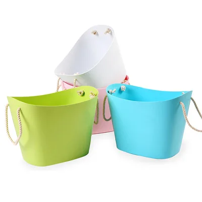 

Hot - selling hot style bathroom toilet sundries receive basket Oem laundry basket plastic storage bucket with rope handle, Colours