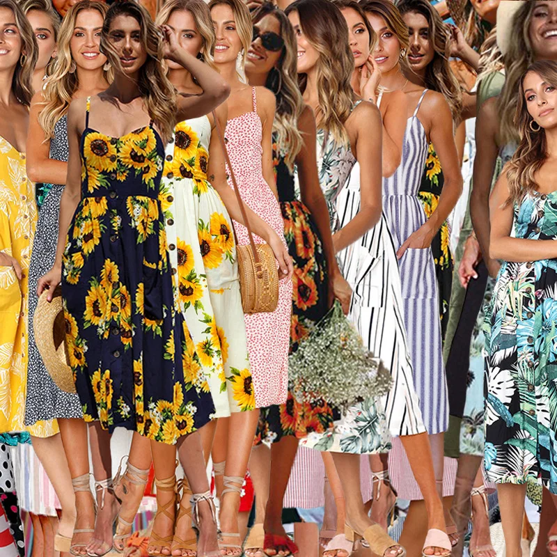 

2021 vestidos verano Summer Floral Print Stripe Solid Short Sleeve Ladies Frock Design Beach Slip Women Elegant Casual Dresses, Picture