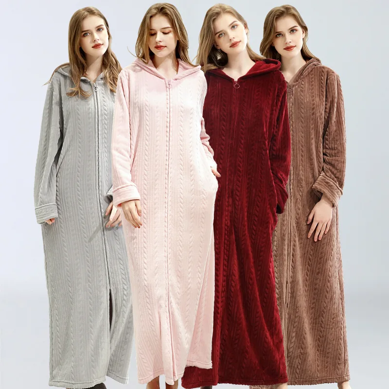 

Winter Extra Long Full Length Twist Zipper Pajamas Women Thick Home Bathrobe Hooded Flannel Fleece Robe, Pink, grey, red and coffee