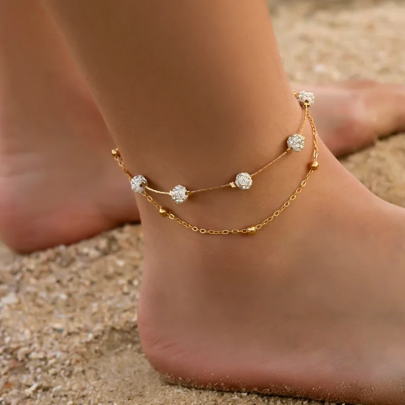 

Wholesale Fashion Jewelry 18K Gold Plated Diamond Inlaid Double-layer Simple Summer Beach Anklet