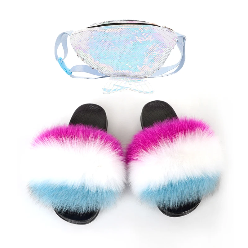 

baby kids light purple full big multi colored fur slides fur fluffy slides slipper and purse lil girls fur slides with purse