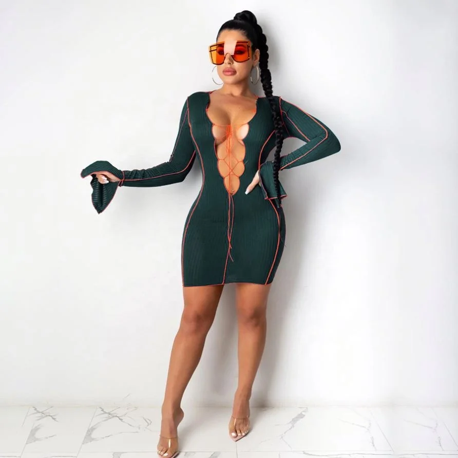 

2021 New Arrivals Autumn V-Neck Ruffles Sleeve Hollow Out Casual Dresses Women Clothing