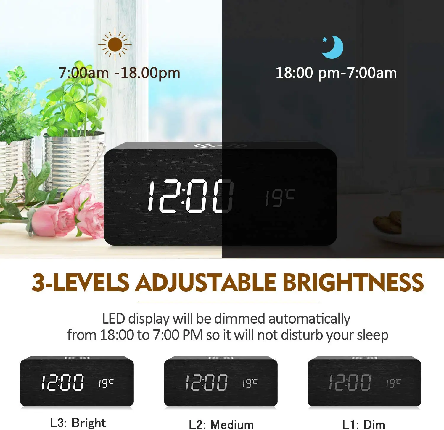 
Qi Fast Digital Led Alarm Clock Wooden Wireless Charger 