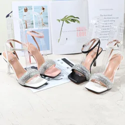 2021 New Fashion Women Clear Heels Squared Open Toe Stiletto Rhinestone Sparkly Details Thin Straps High Heel Sandals