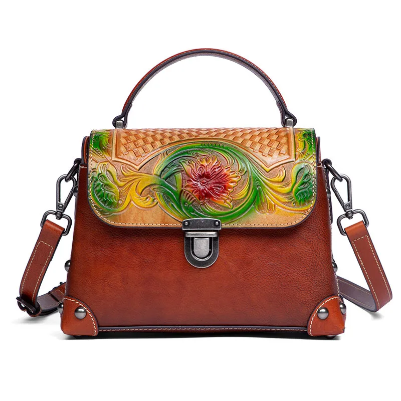 

OEM Genuine Leather Hand Bag Top Handle Bag Embossed Flowers Women Handbag With Custom Logo, Red, brown, gray