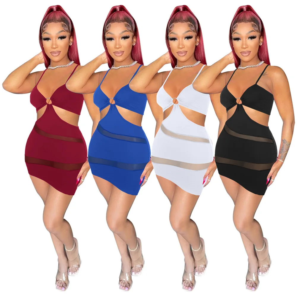 

New summer women's fashion sexy mesh stitching strap irregular dress, Picture color