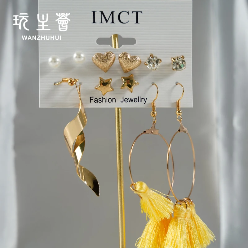 

Ethnic style women 18k gold plated 6 piece heart star shaped earrings jewelry set