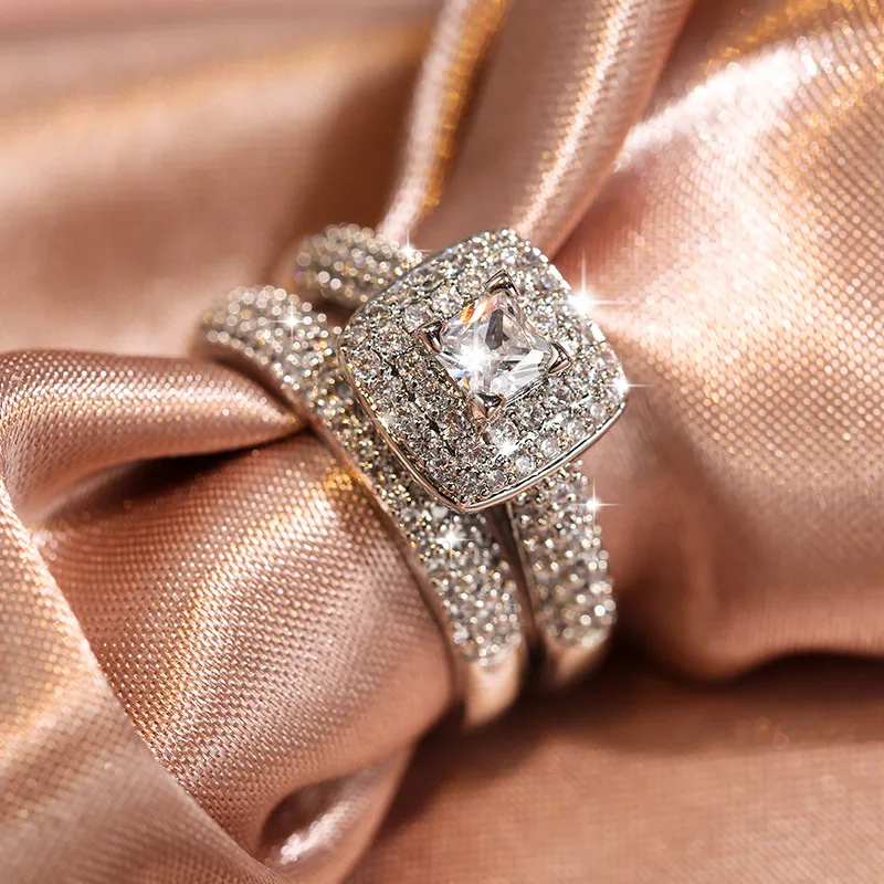 

Hot sale fashion jewelry KYRA01099 beauty retro platinum plated zircon ring sets for women, Silver