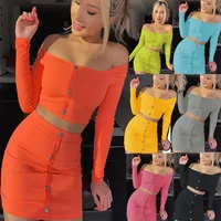 

2019 Fashion Outfits Bright Orange Women's Sets Buttons Long Sleeve Crop Tops dresses Sexy Two Pieces Set Casual Bodycon Skirts