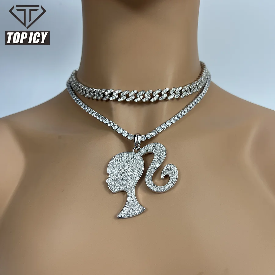 

2022 New Hip Hop Jewelry Gold Rose Gold Plated Barbie Pendant Necklace Iced Out Cubic Zircon Chain Pendant Necklace For Women, White gold / gold/rose gold