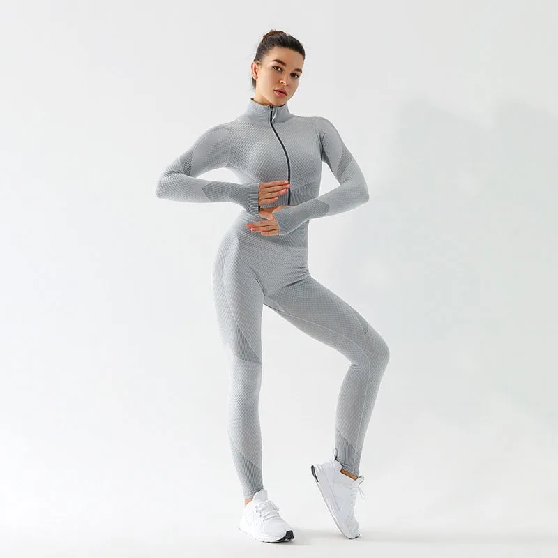 

Women Seamless Yoga Suit Long Sleeve Zipper Clothing 2/3 Pcs Fitness Sport Yoga Sets Female Sport Gym Suits Wear Running Clothes, 10 colors, as picture shown
