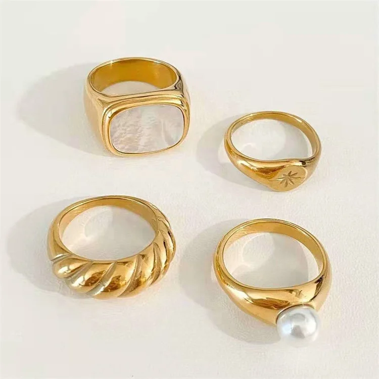 

TU-GEM Unique Rectangle Freshwater Pearl Band Ring 18K Gold IP Plateding Stainless Steel Croissant Rings For Women Men