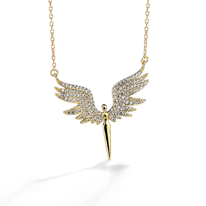 

Fashion Design 925 Sterling Silver Women Necklaces 18k Gold Plated Micro Zircon Angel Wings Pendant Necklace, 18k gold color