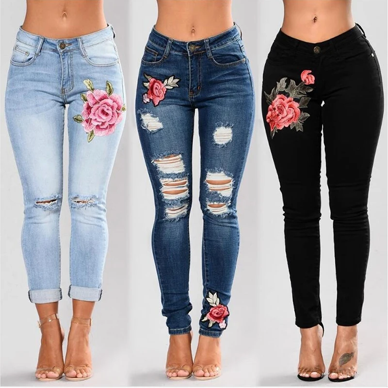 

10% Off Autumn Elastic Flower Jeans Female Slim Denim Pants Hole Ripped Rose Pattern Pantalon Stretch Women Embroidered Jeans