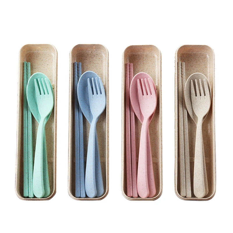 

Eco Friendly Portable spoon fork chopsticks Wheat Straw Reusable Travel Biodegradable Tableware plastic cutlery sets with case, Beige,green,blue,pink