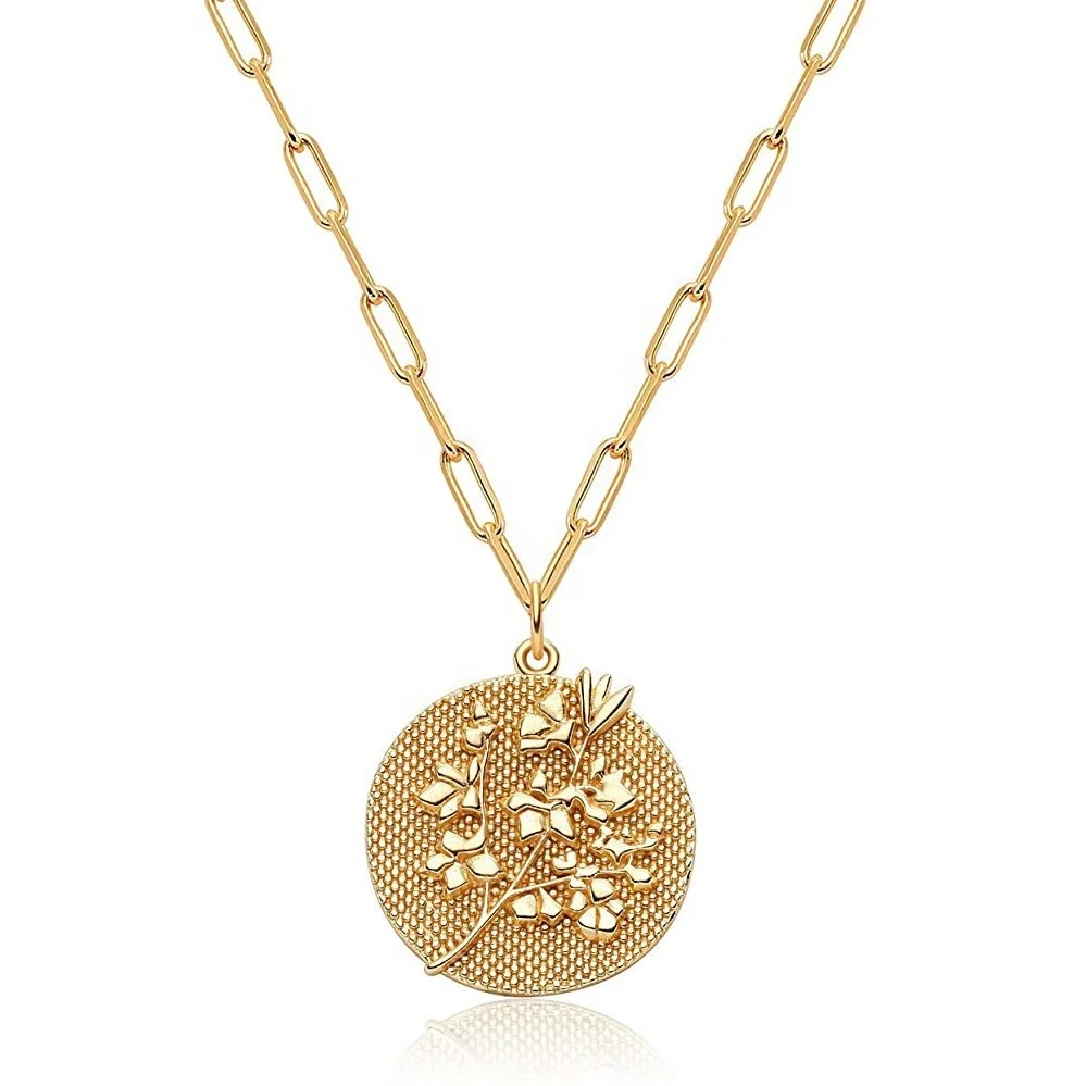 

New Coin Flower Pendant Necklace Real Gold Plated Round Pattern Clip Fashion Exquisite Necklace for Women Accessory Jewelry