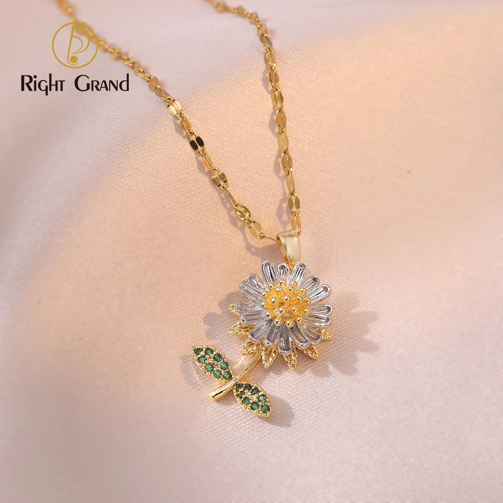 

Gold Plated Stainless Steel Chain Spinner Sunflower Zircon Pendant Necklace For Women Jewelry