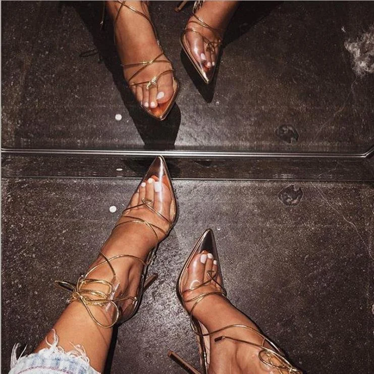 

Cross Ankle Lace Up Shoes Transparent Thin Heels Sandals Pointed Toe High Heels Black Ankle Wrap Sandals for Women, Black,apricot,gold