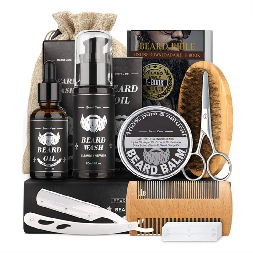 

custom private grown beard oil balm brush packaging enhanced beard care growth grooming kit