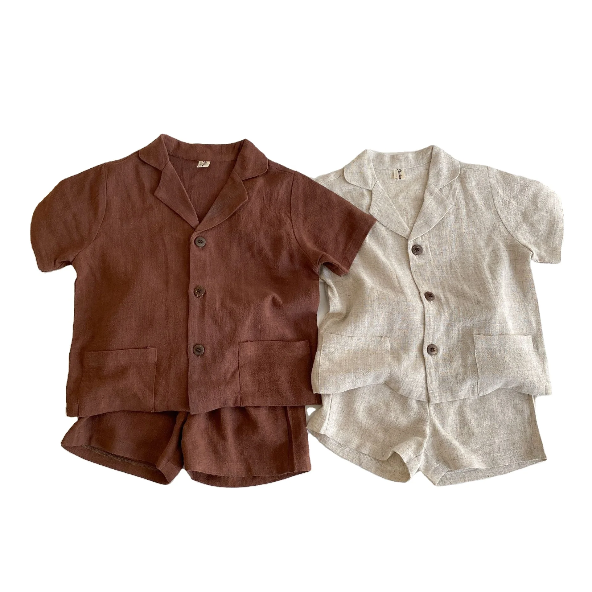 

Summer Kids Boys Clothes Set Solid Brown Beige Linen Shirts Shorts Boys Girls Korean Casual Children 2PCS Sets