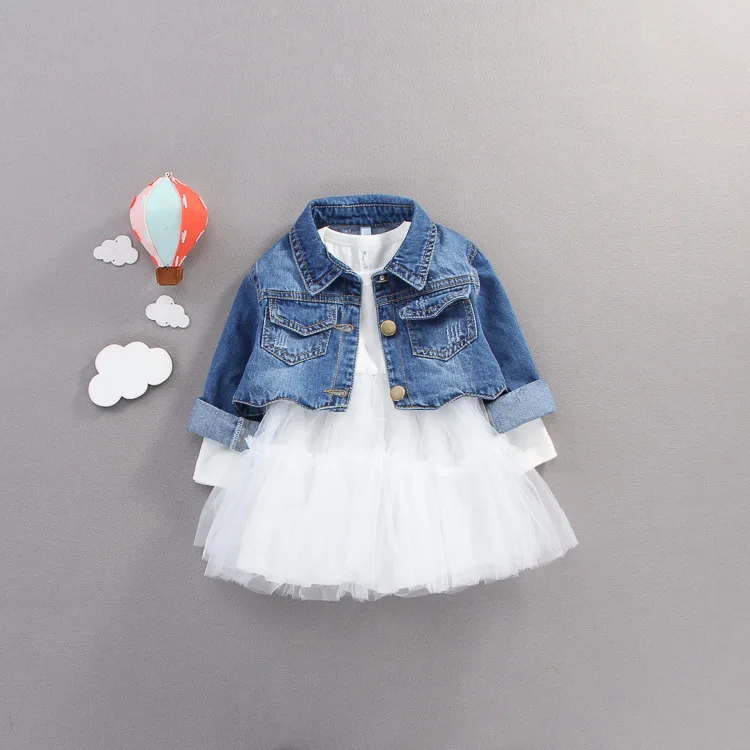 

KBE91103 lovely girl korea pretty sets denim coats and tutu dress 2pcs clothing set