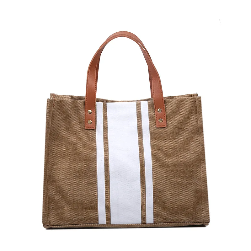 

Wholesale Ins Fashion New Women Hand Bag Contrast Color Stripe Canvas Bag One Shoulder Single Cross-body Lady Beach Tote Bag, Khaki/white,black/white,khaki/red,black/red