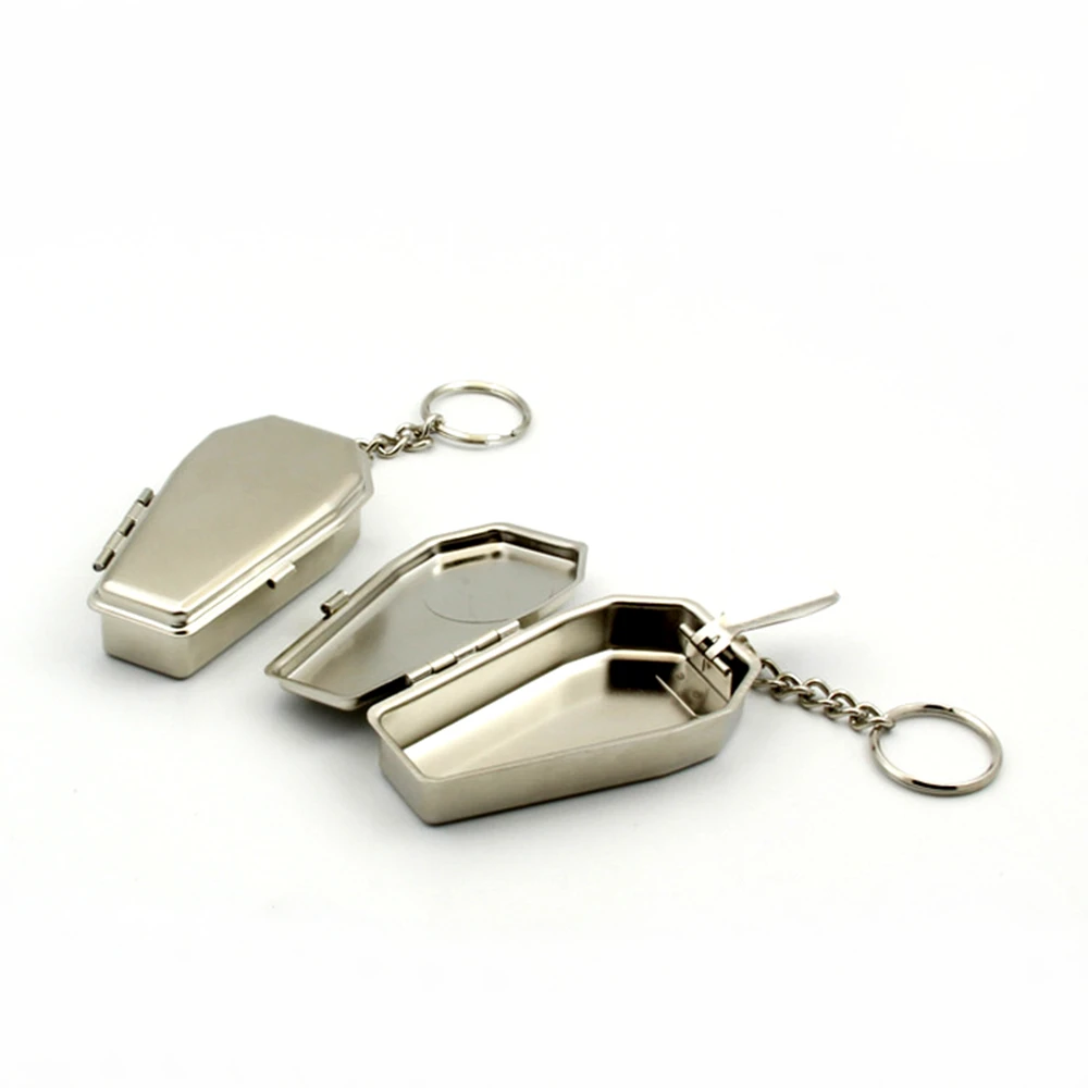 

Cool article coffin shape openable metal iron mini pocket keychain ashtray, Silver
