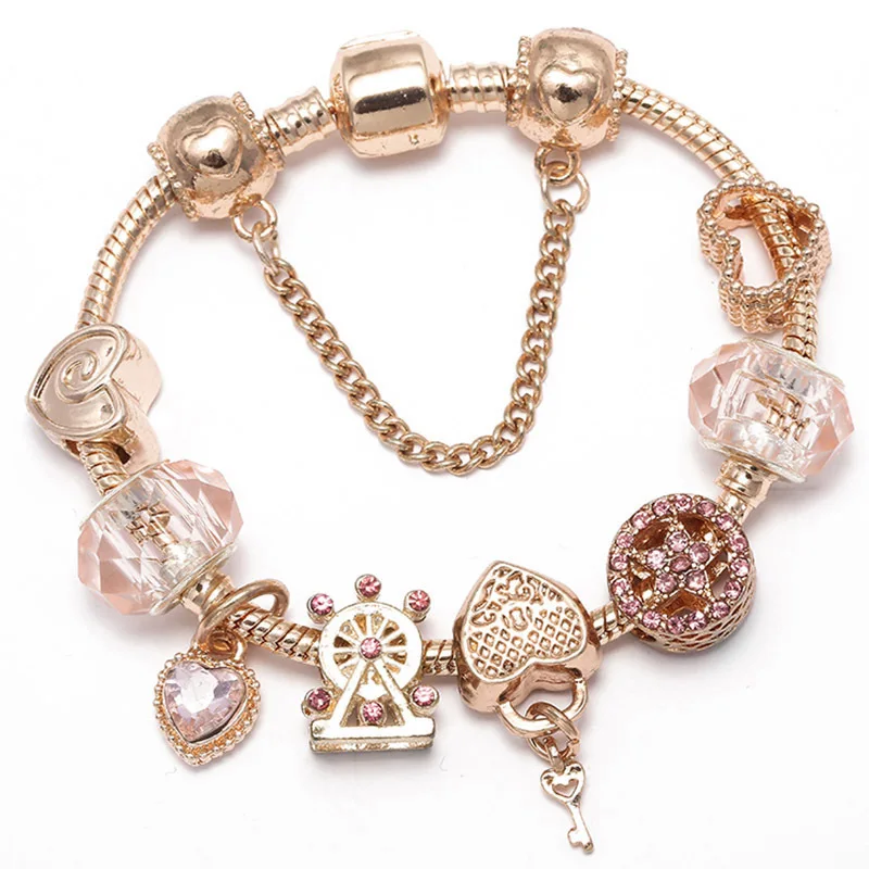 

Hot Sale Pink Heart Beaded Ferris Wheel Rose Gold Love Lock Key Charm Bracelet, Rose gold color