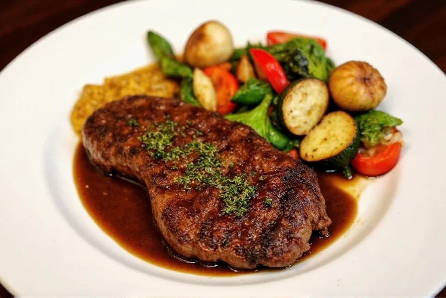 Plated blackened pepper steak with roasted vegetables and herb sauce