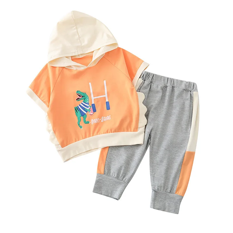 

Children's sets 2021 new summer boys' hooded sweater sets children's fashion cartoon short-sleeved suits, Yellow,light green,light blue,orange