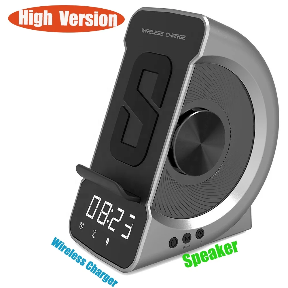 

High Version Multifunction 3in1 Alarm Clock Stereo Sound Wireless Speaker Fast With Wireless Charger FM for Bedroom USB Chargers