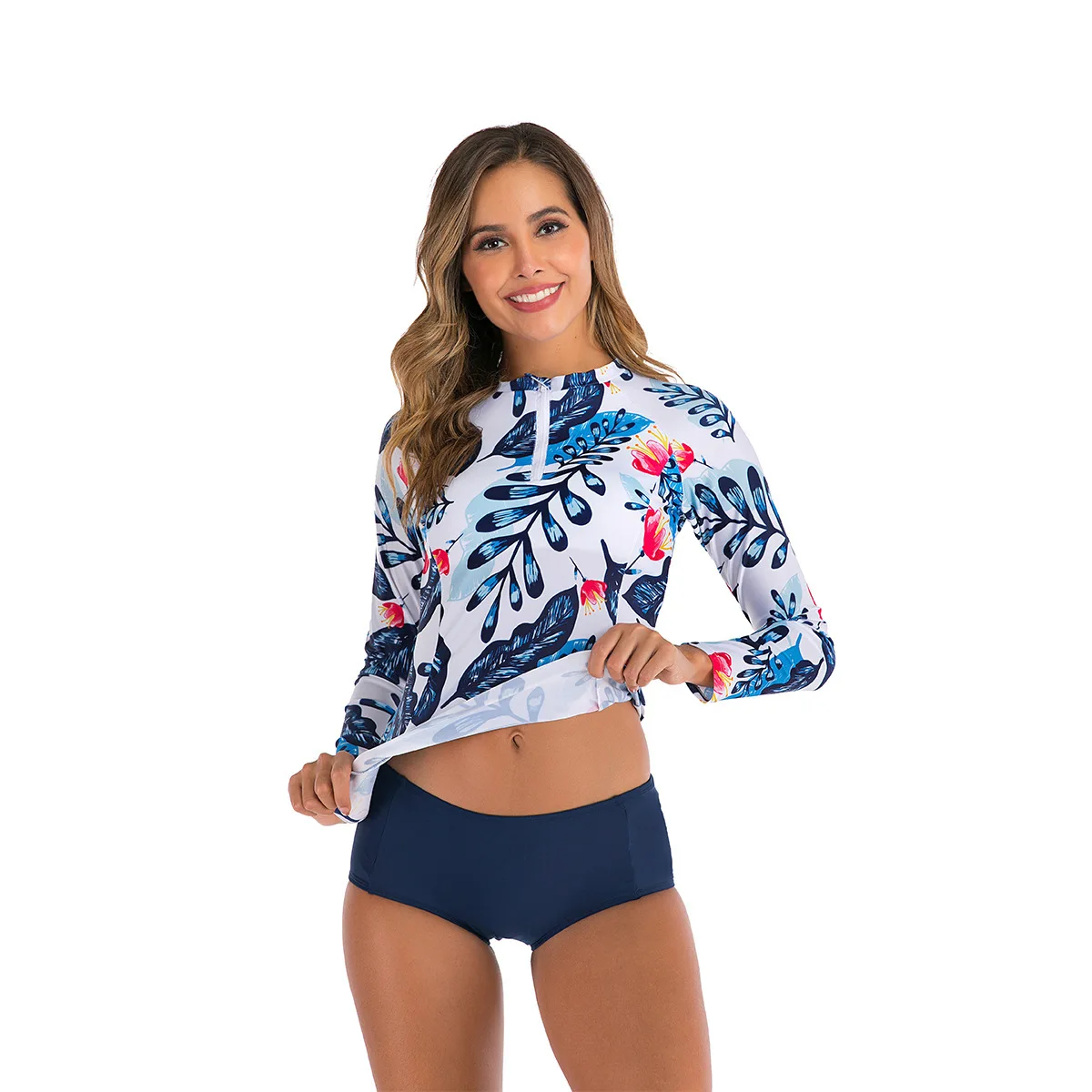 

New European American Fashion Floral Print Long Sleeve Women's Split Swimsuit Popular Sunscreen Swimwear