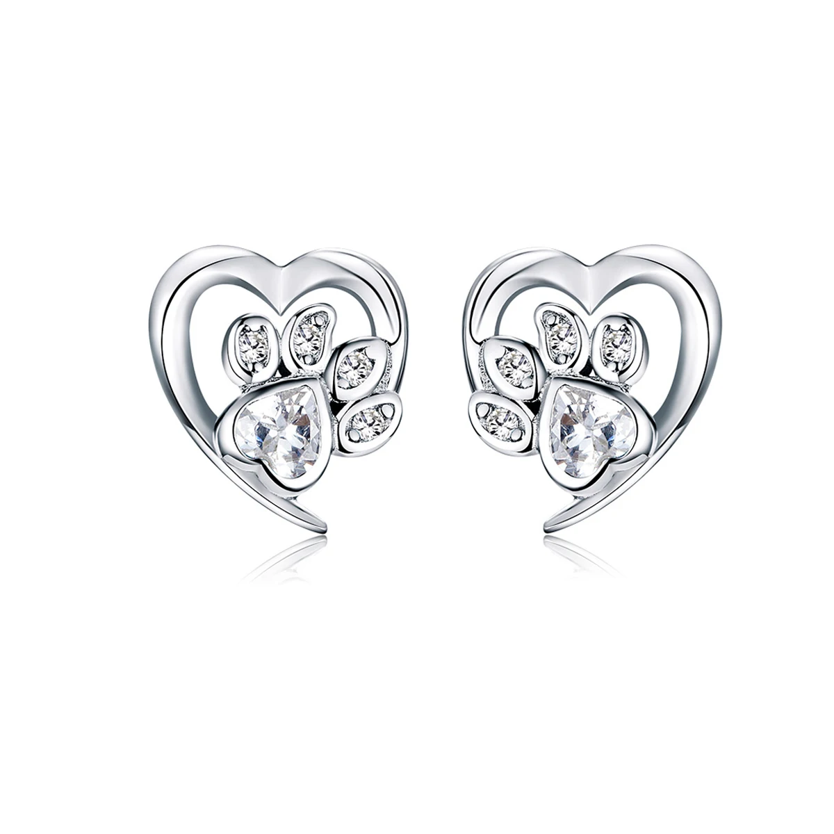 

Shining zircon jewelry paw footprint 925 silver heart shape stud earrings