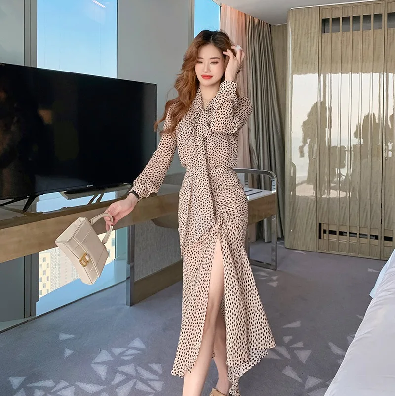 

2021 Spring Fall Drawstring Leopard Print Elegant Casual Dress Long Sleeve Chiffon One Piece Dress Women