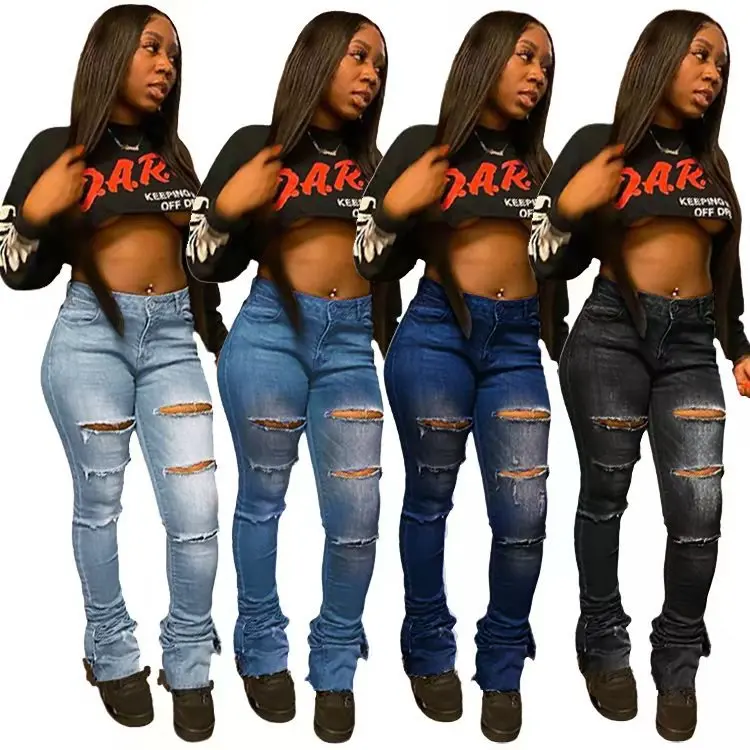 

2021 Fashionable Pantalons Womens Cotton Jeans High Waist Ripped Kot Pantolon Stacked Black Denim Pants Jeans Women, Customized color