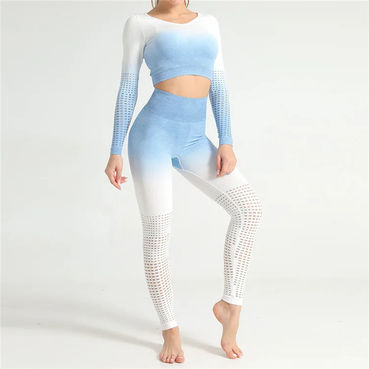 

Women LongSleeve Sports Tops High Waisted Leggings Workout Cut Out Yoga Sets Gradient Gym Wear, 5 colors