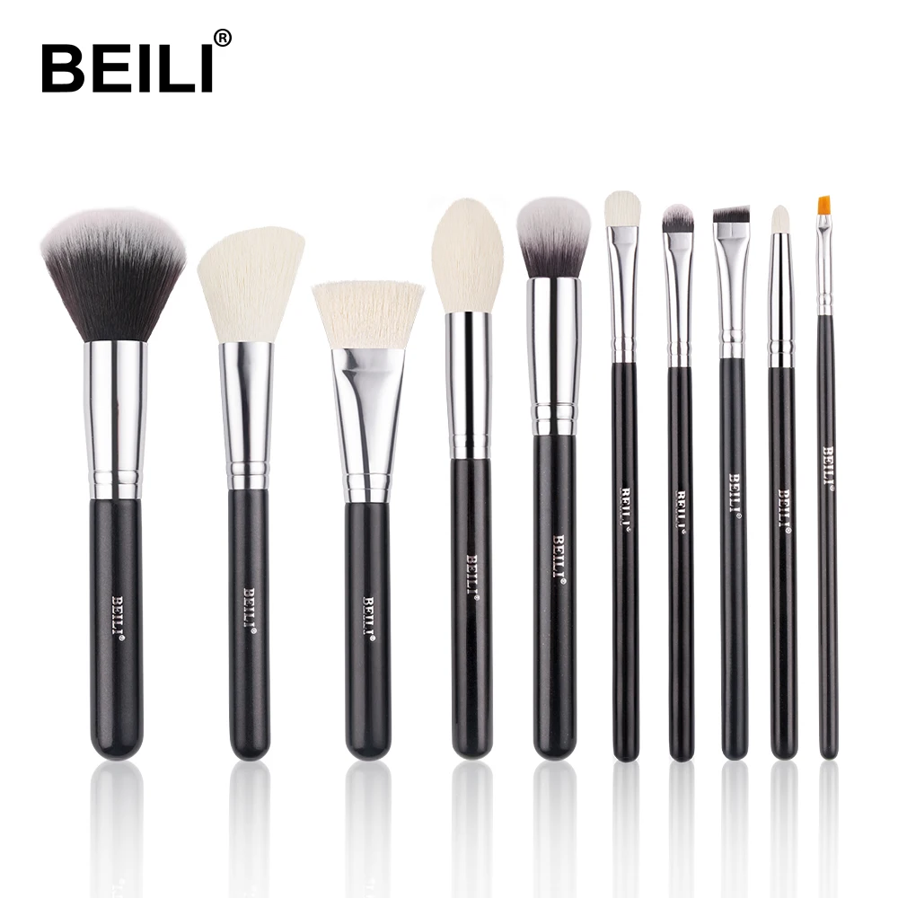 

BEILI Best Seller 2021 Black Fluffy Pony Goat Synthetic Glitter wooden Handle Powder Eye Shadow Brush Kit Private Label 10Pcs