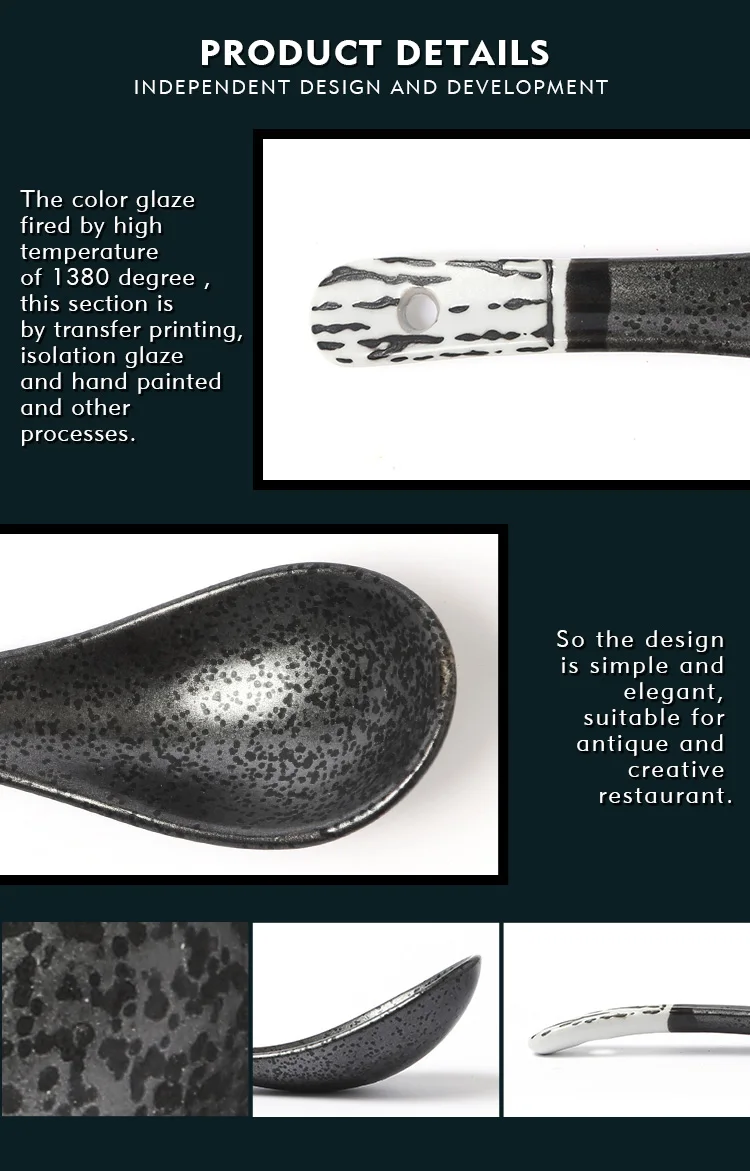 Factory Price Custom High Quality Porcelain coffee tea dinner spoons Restaurant black japanese style soup ramen ceramic spoon