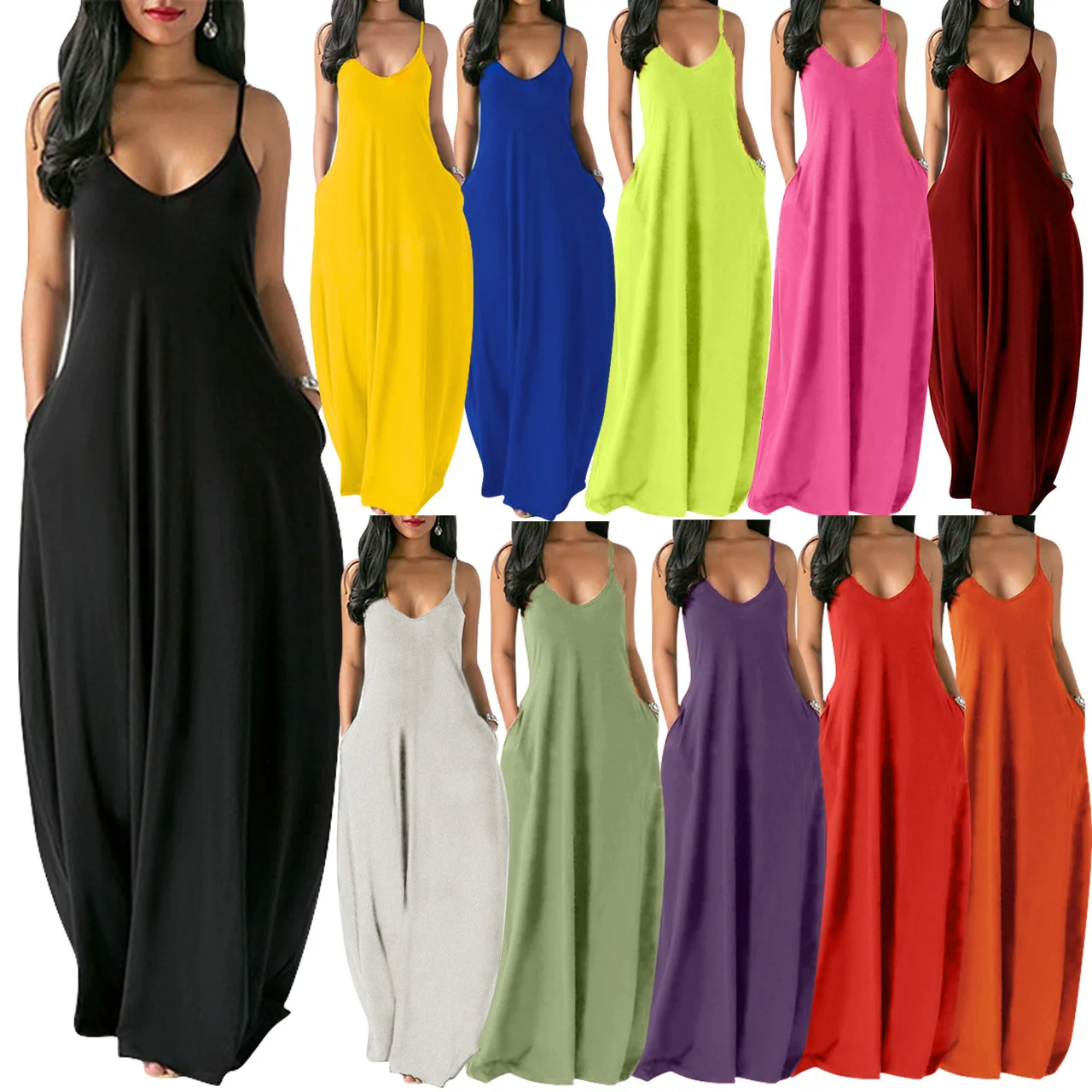 

Newest Design V Neck Suspender Strap Loose Pockets Ladies Solid Color Long Dress Women Fashion Casual Maxi Dresses