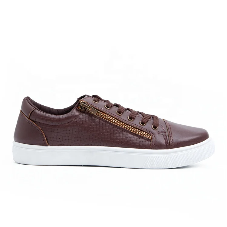 

PU Sneaker Brown Red Color Fashion Men Women Footwear Casual Shoes With Zipper