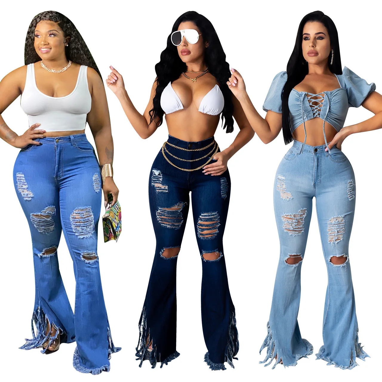 

2021 Custom Fashion Casual Blue Estilo De Vintage Jean Retro Washed Flared Pants Hole Ripped Denim Femme Jeans Women