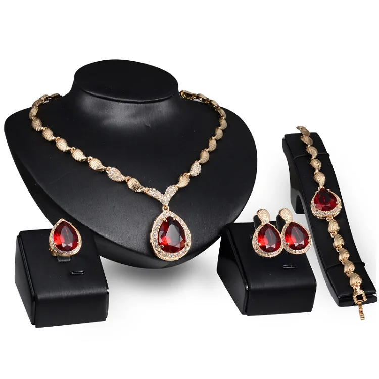 

Women Fashion Jewelry Sets Luxury Saudi Dubai 18K Gold Plated Red Crystal Water Drop Pendant Wedding Bridal African Jewelry Set, As show