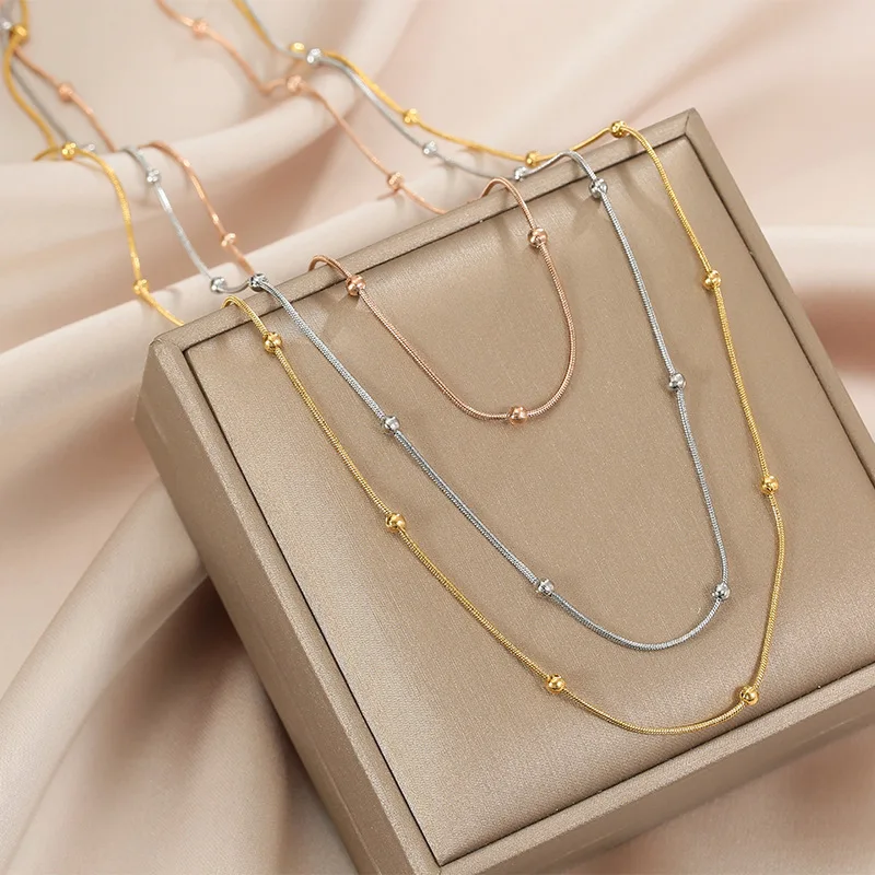 

European New Design Beads Stainless Steel Necklace Jewelry Gold-Plated Layered Clavicle Snake Chain Necklaces For Women