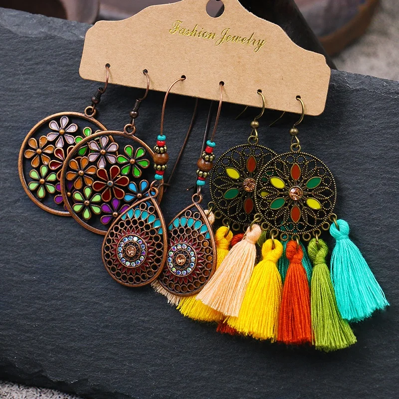 

3 Pairs Vintage Bohemian Ethnic Tassel Dangle Earrings Water Drop Hanging Earring for Women New Fashion 2021 Jewelry Gifts, Gold and silver