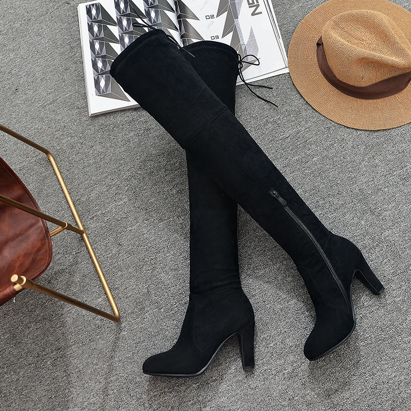 

Women's Winter Black Suede Leather Over-the-Knee Boots Black High Heels Stretch Boots, Black/wine red/pink