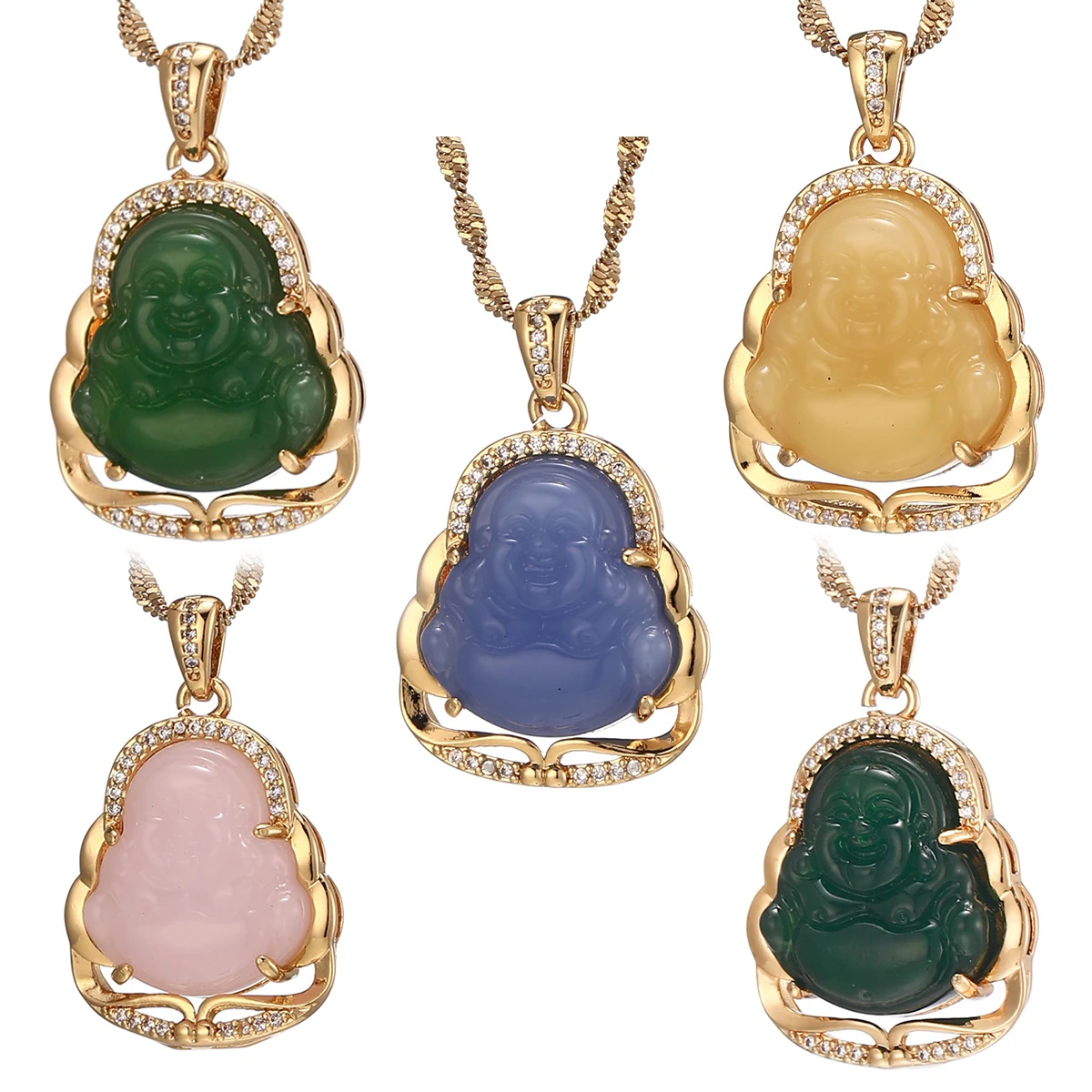 

New Model Green Blue Pink White Yellow Buddha Pendant Necklaces Women Men Amulet Chinese Style Maitreya Jewelry