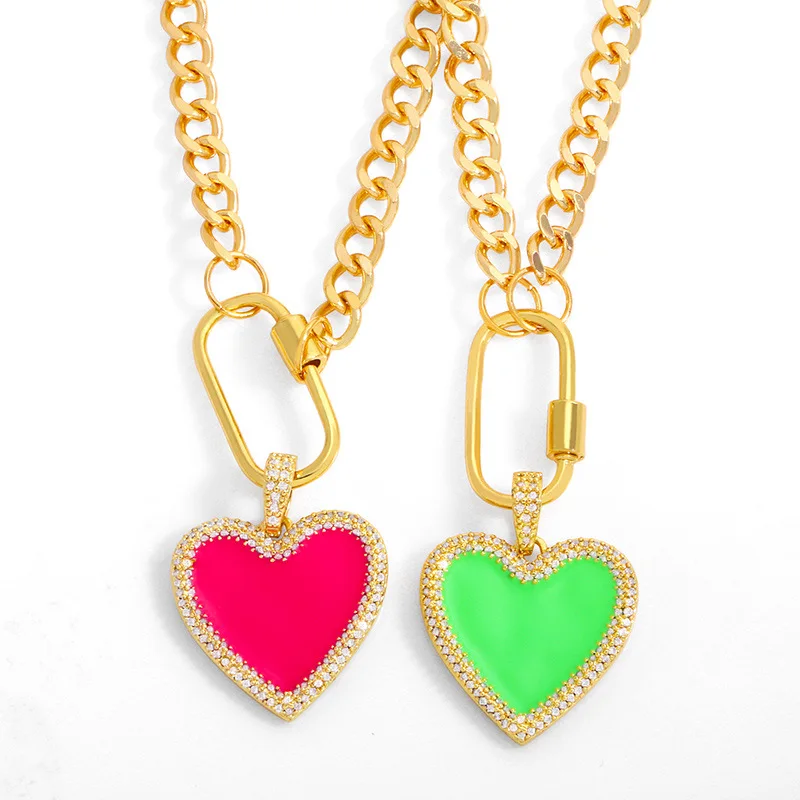 

New Fashion Luxury 18k Gold Plated Drop Oil Sparkle Zircon Jewelry Cuban Thick Chain Heart Pendent Necklace