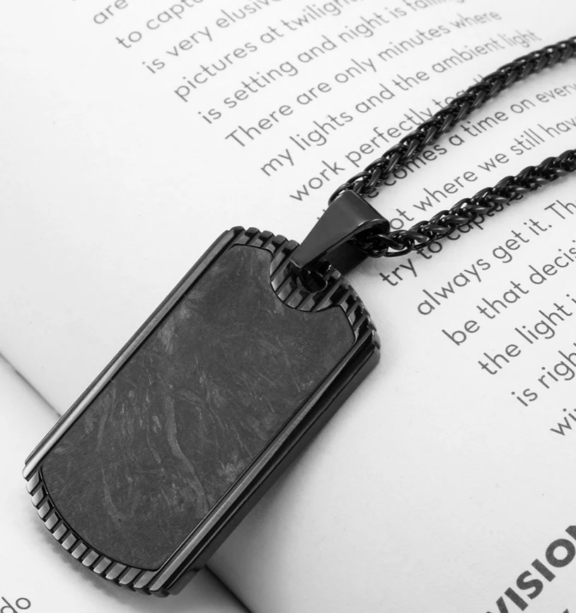 Factory Wholesale Two Tones Black Silver Surgical Stainless Steel Carbon Fiber Inlay Dog Tag Pendant Chain Necklace,Two Choices