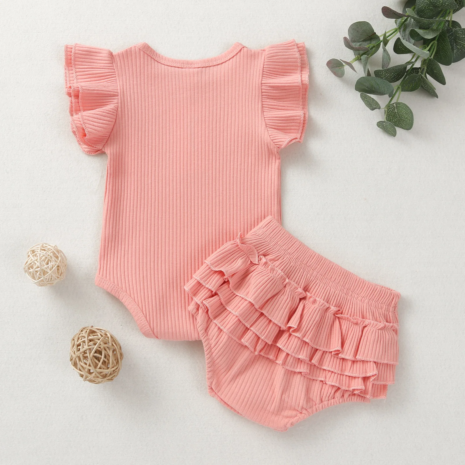 

2021 Wholesale Cute Solid Color Fashion Ruffle Sleeveless Short Sleeve Summer Baby Girls Suit, Pink/green/blue