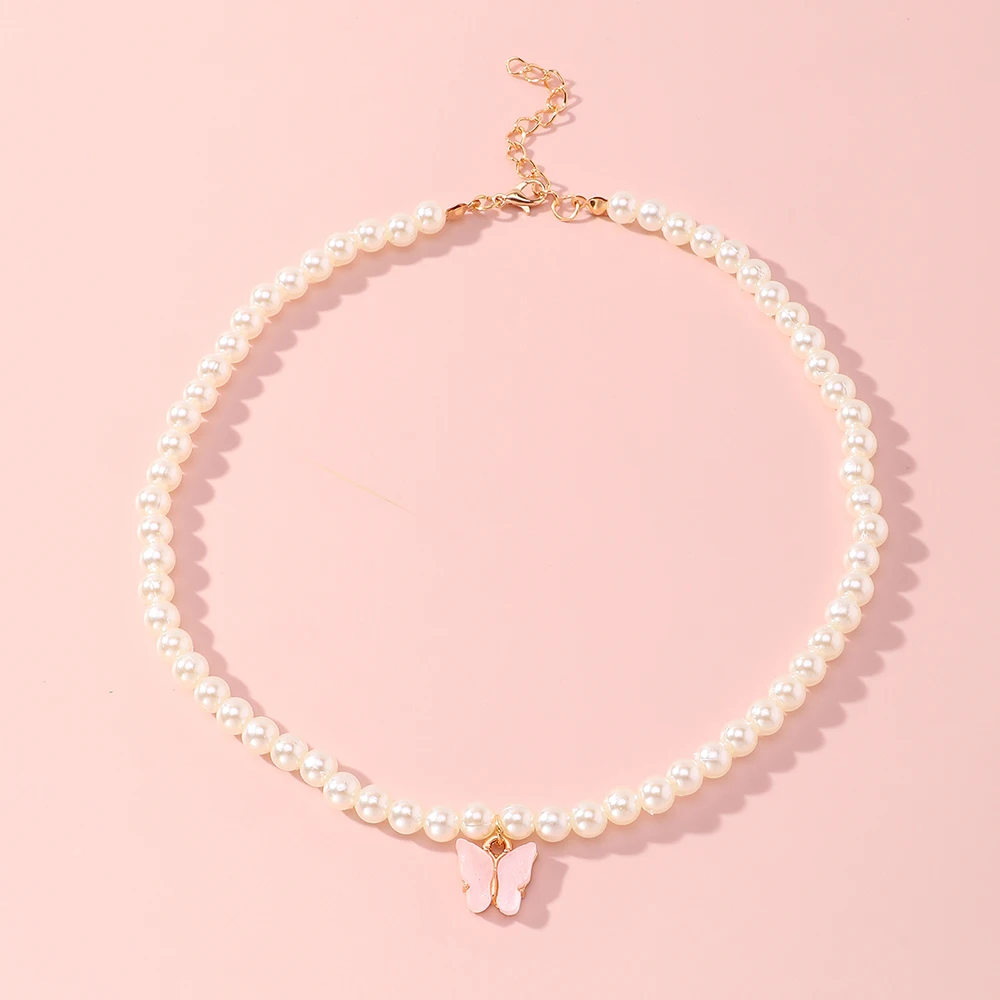 

Wholesale Fashion Colourful Acrylic Butterfly Necklaces Pearl Necklace With Charm For Women, Colorful